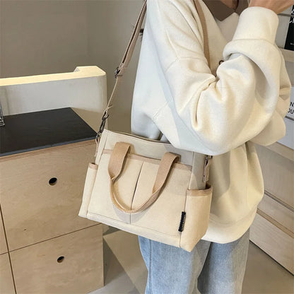 Canvas Tote Bag with Crossbody Strap & Multi-Pocket