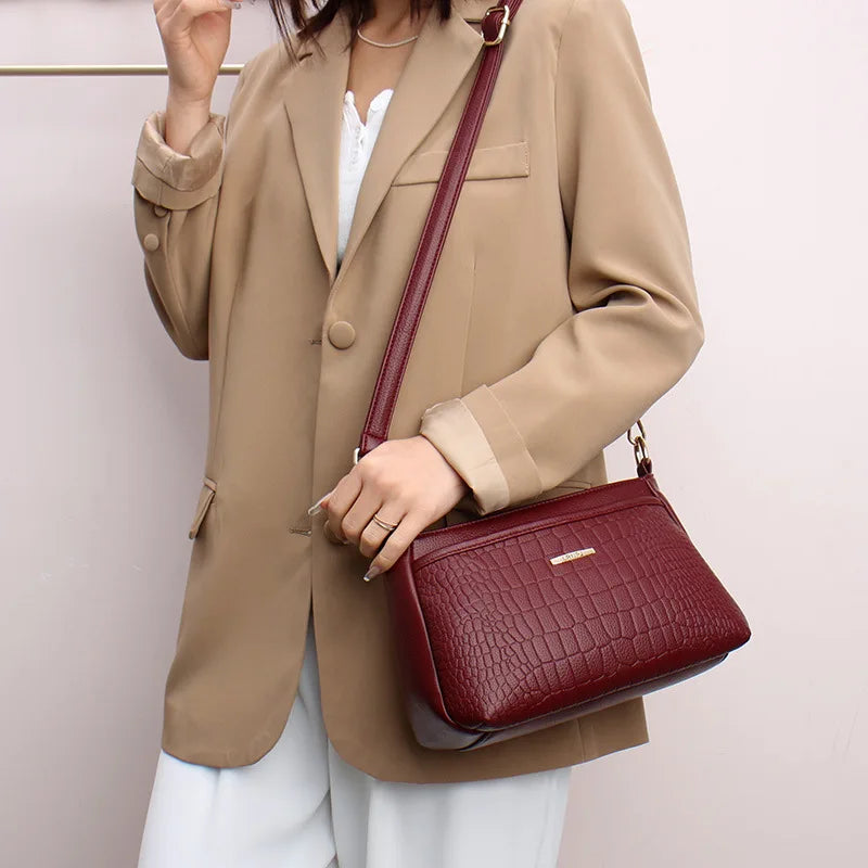 Stone Embossed Shoulder Bag Multi-Layer Large Capacity Lady Commuting Mom Crossbody