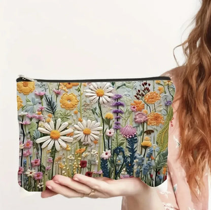 Floral Canvas Makeup Bag Zipper Pouch Lining Daisy Wildflower Toiletries Organizer Perfect Gifts