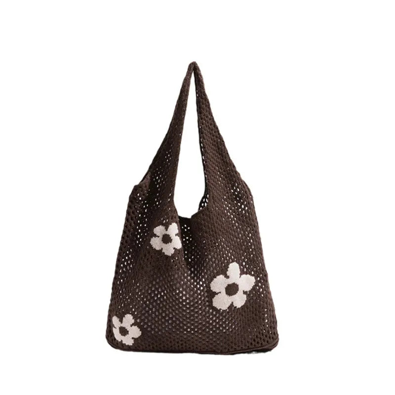 Crochet Flower Mesh Tote Bag - Summer Knitted Shoulder Handbag
