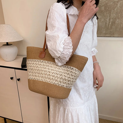 Vacation Beach Handbag Woven Stripe Pattern Women Tote Bag Large Capacity Versatile Shoulder Summer