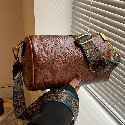 Retro Embossed Flower Leather Shoulder Bag Classic Cylinder Crossbody Bag Women Daily Use Party Work