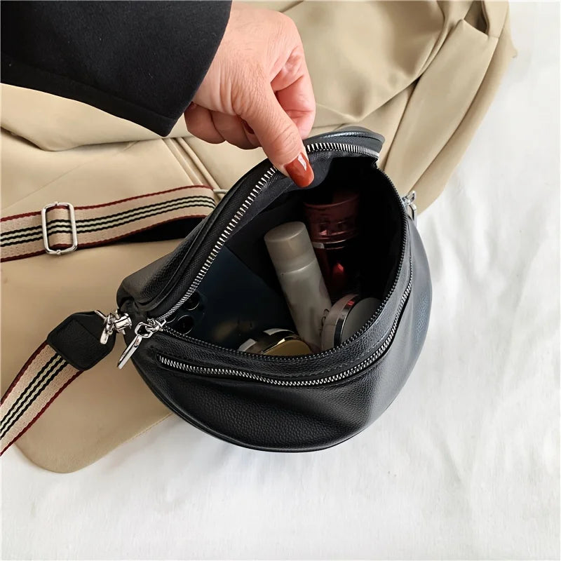 Double Zipper Fanny Pack Daily Commuting Wide Shoulder Strap Leather Bag