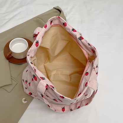 Chic Pink Strawberry Pattern Corduroy Tote Bag Women Work Shopping Handbag Shoulder