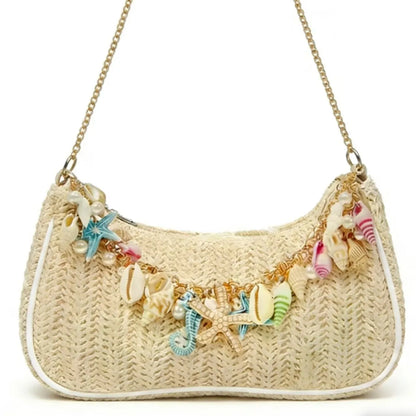 Straw Shoulder Bag with Ocean Shell & Starfish Charms