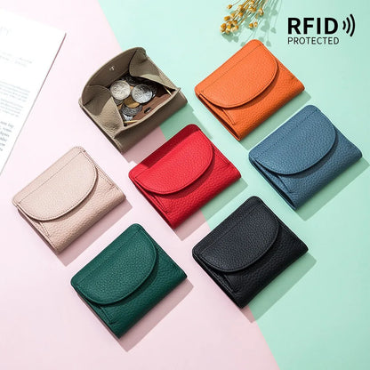 Women Genuine Leather Mini Wallet Rfid Folding Simple Ultra-Thin Small Soft Cowhide Female Card