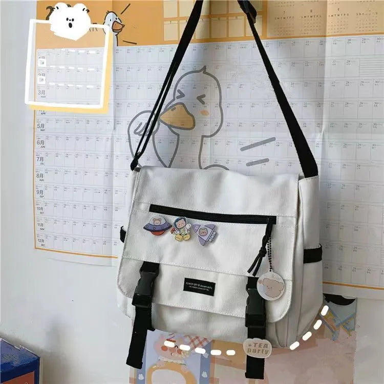 Harajuku Versatile Messenger Bag Retro Street Crossbody Bag Student School Canvas Bag