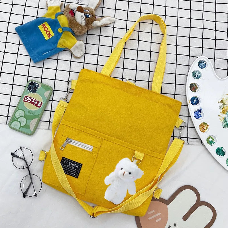 Cute Canvas Tote Bag with Bear Charm – Large Capacity Shoulder Bag
