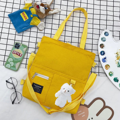Cute Canvas Tote Bag with Bear Charm – Large Capacity Shoulder Bag