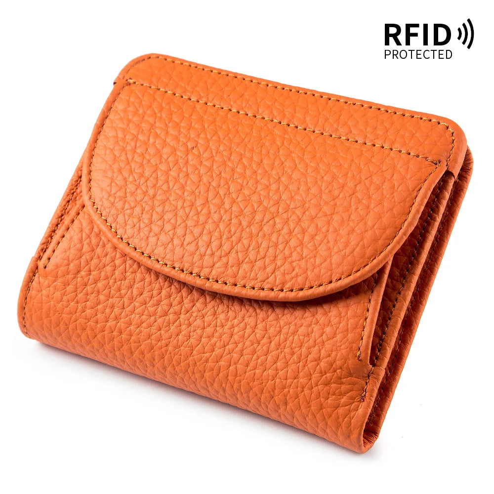 Women Genuine Leather Mini Wallet Rfid Folding Simple Ultra-Thin Small Soft Cowhide Female Card