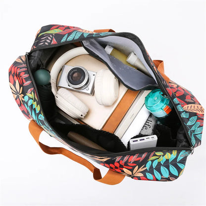 Leaf Print Travel Duffel Bag with Shoe Compartment