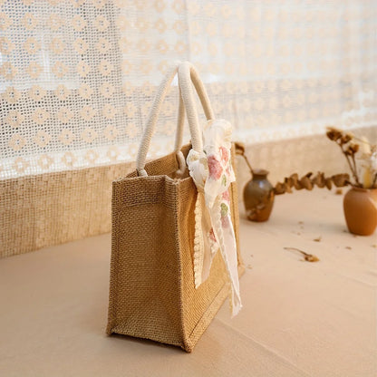 Burlap Jute Tote Bag with Lace Ribbon – Reusable Gift & Shopping Bag