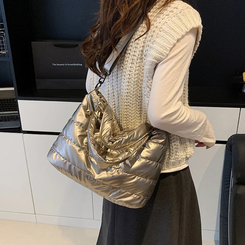 Puffer Quilted Tote Crossbody Bag with Wide Shoulder Strap