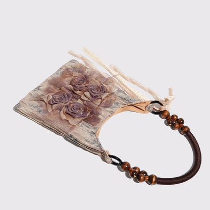 Chinese Style Rose Decor Shoulder Bags Commuter Tote Classic Pleated Handbags Women Underarm