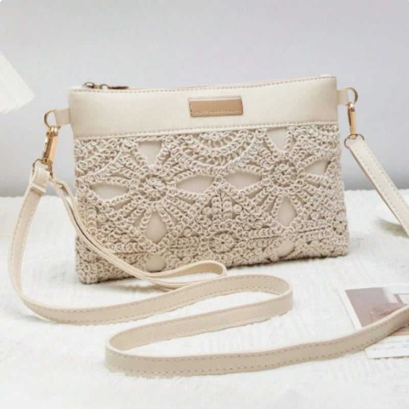 Crochet Bag with Hollowed Out Floral Design – Woven Straw Crossbody with Adjustable Strap