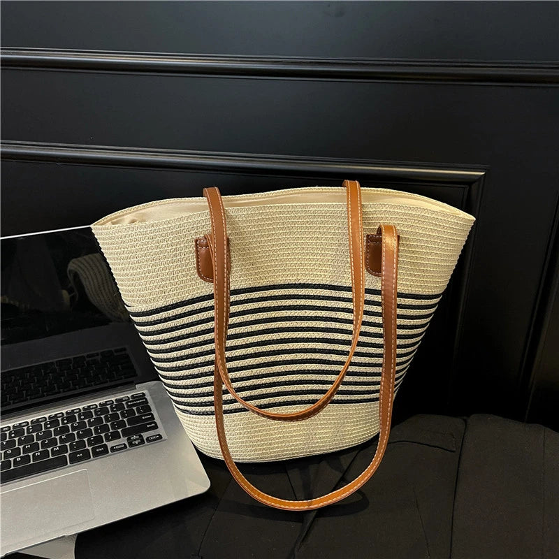 Spring Summer Casual Shoulder Bag Beach Vacation Tote Straw Woven Large Capacity Handbag Play Travel