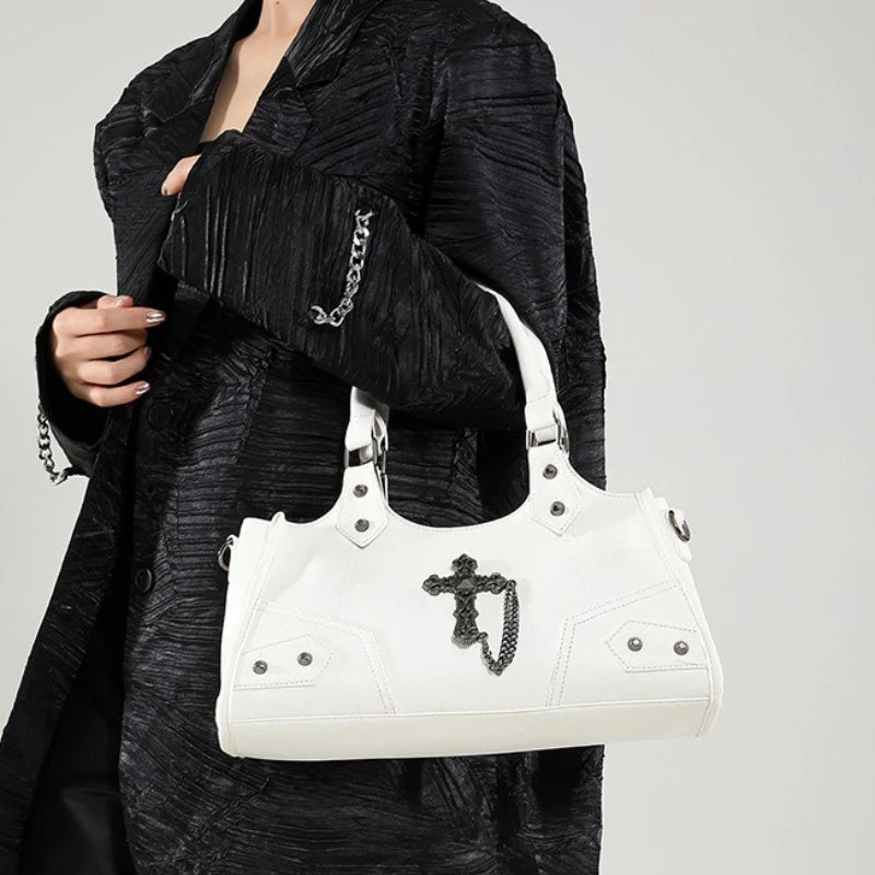 Gothic Shoulder Bag – Vintage Faux Leather Cross Chain Handbag