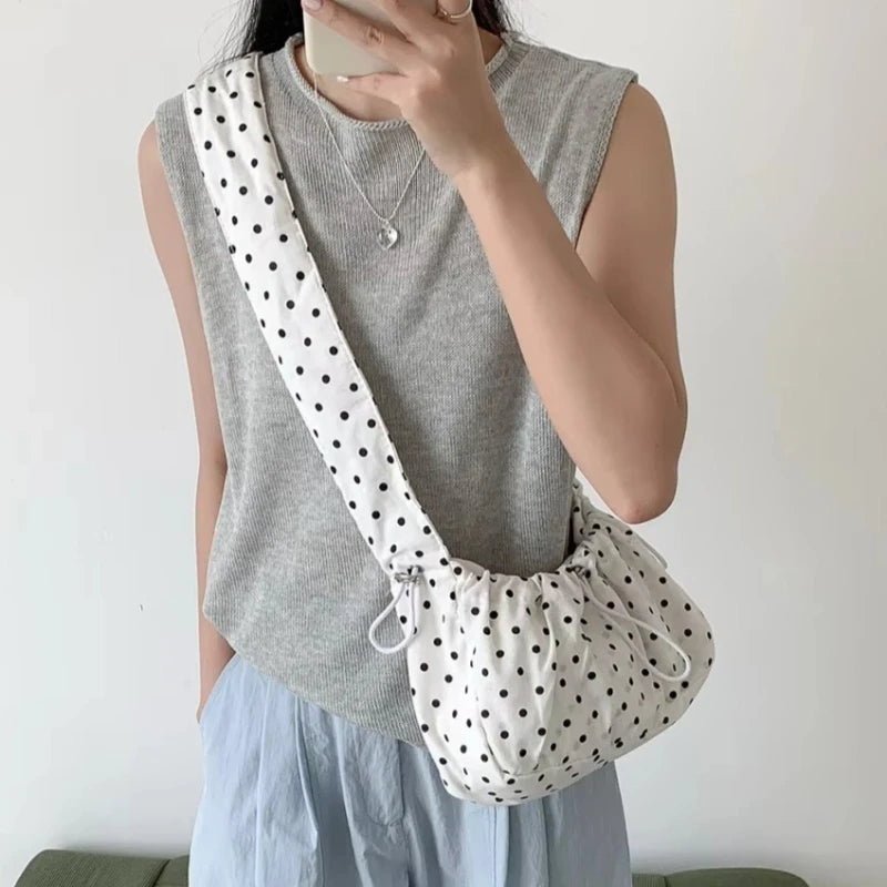 Women Polka Dot Underarm Bag Large Capacity Crossbody Retro Drawstring Pleated Dumpling Outdoor