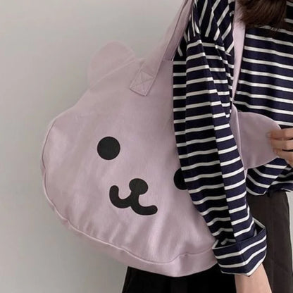 Cute Cartoon Bear Canvas Tote Bag Double-Sided Shoulder Bag Large Capacity Shopper Bag Women