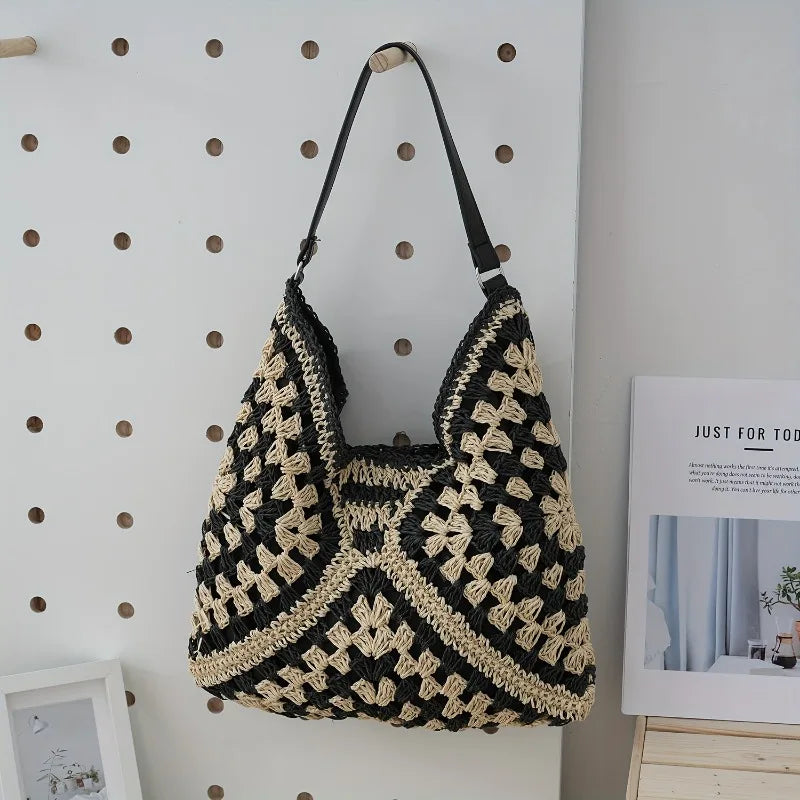 Crochet Straw Tote Bag for Women – Boho Woven Shoulder Handbag