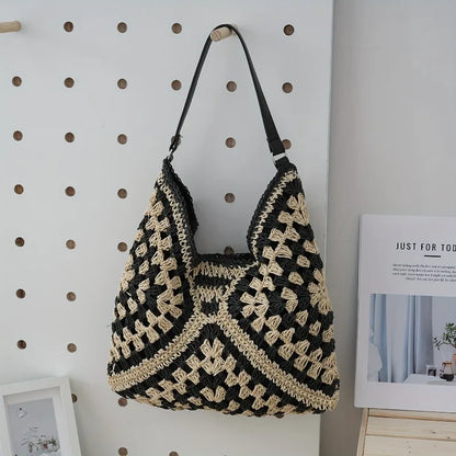 Crochet Straw Tote Bag for Women – Boho Woven Shoulder Handbag