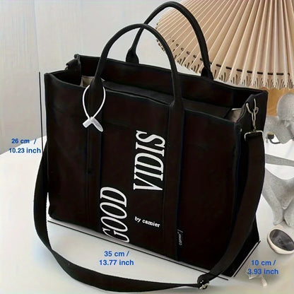 Letter Print Canvas Tote Bag Comfortable Wide Strap Shoulder Bag