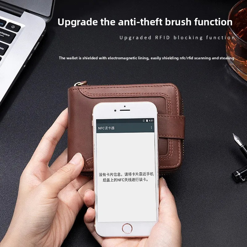 Cowhide Rfid Anti-Theft Brush Genuine Leather Horizontal Wallet