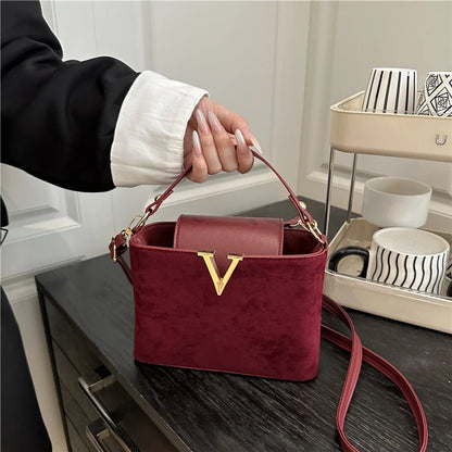 Mini Suede Crossbody Bag for Women – Faux Suede Handbag with Gold V Clasp