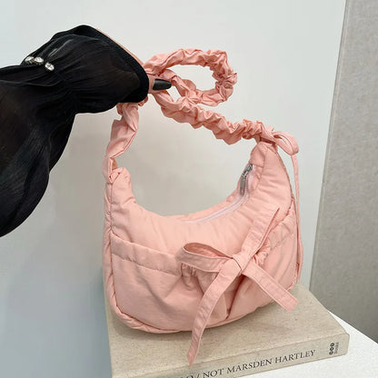 Padded Noodle Tote Bag – Bow Drawstring Ruched Shoulder Purse