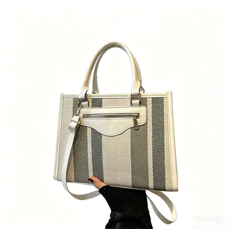 Chic Striped Canvas Tote Bag Work Weekend Every Premium Pu Leather Trim