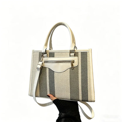 Chic Striped Canvas Tote Bag Work Weekend Every Premium Pu Leather Trim