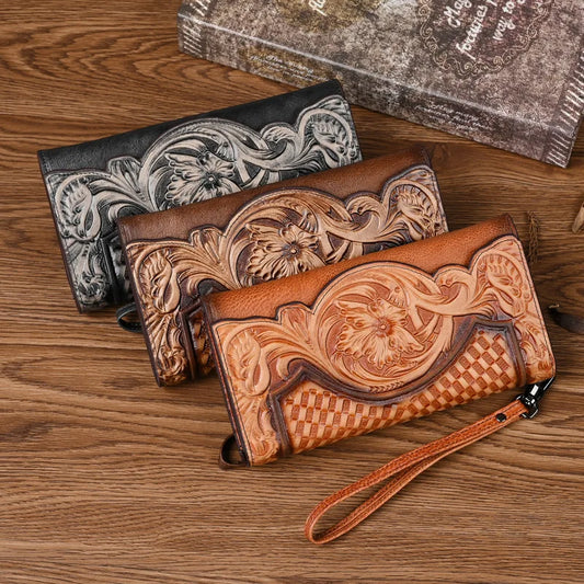 Chinese Wind Pressure Money Bag Women Long Leather