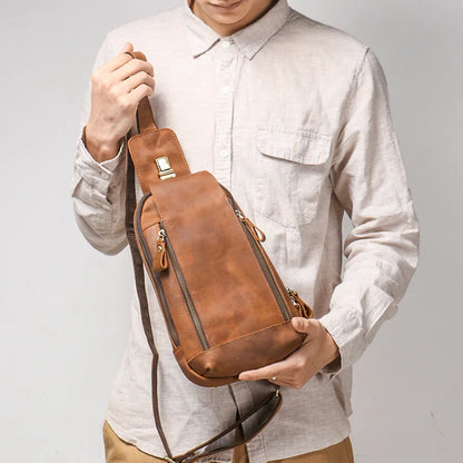 Retro Men S Genuine Leather Chest Bag Crazy Horse Leather Sports Crossbody Backpack