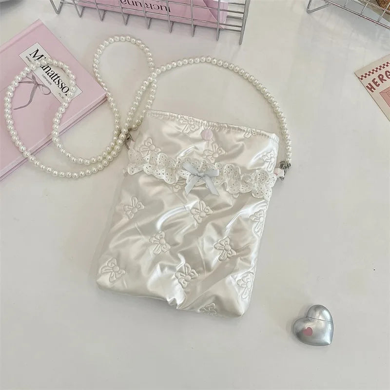 Satin Mini Phone Bag – Bow Embossed Pearl Chain Shoulder Purse