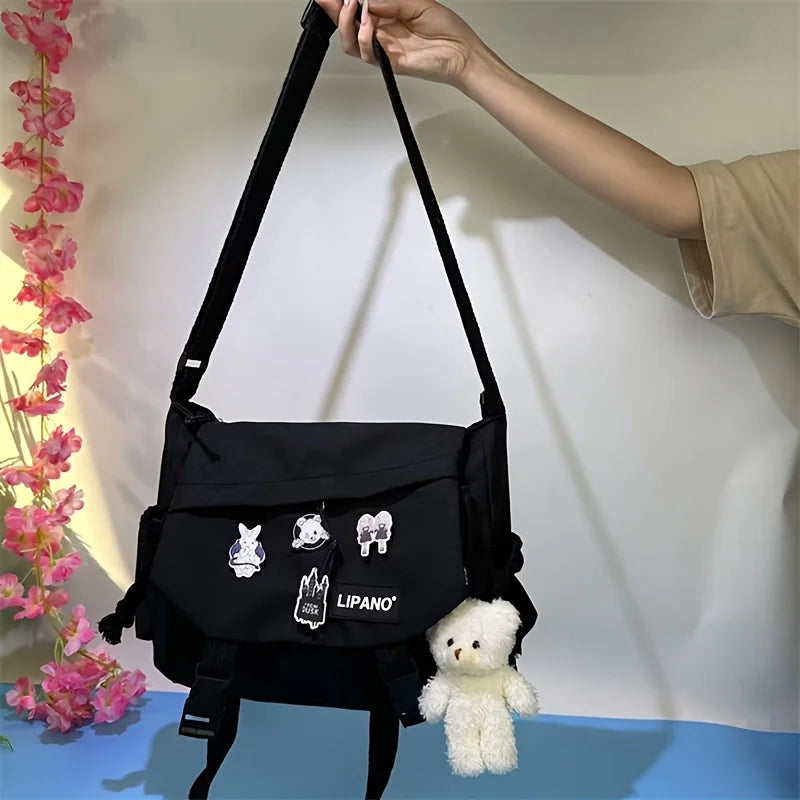 Water-Resistant Messenger Bag with Cute Pins – Kawaii Crossbody Bag