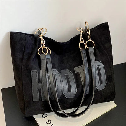 Letter Patch Suede Tote Bag – Vintage Women's Shoulder Handbag with Zipper