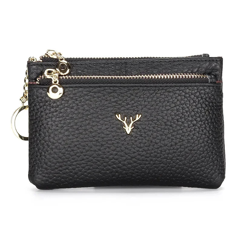 Cowhide Mini Coin Purse Multi-Function Key Bag Stylish Leather Premium Hardware Deer Head Zipper