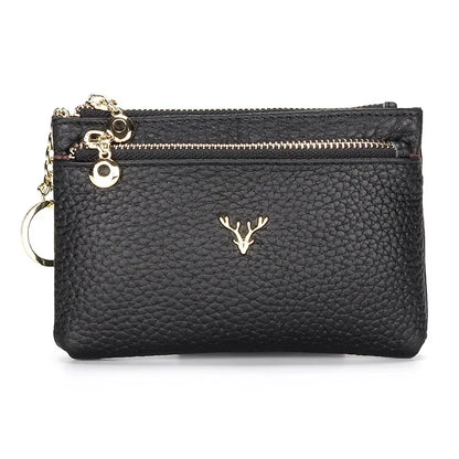 Cowhide Mini Coin Purse Multi-Function Key Bag Stylish Leather Premium Hardware Deer Head Zipper