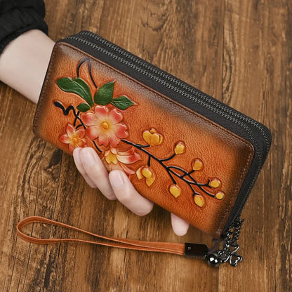 Vegetable-Tanned Leather Genuine Ladies Wallet Double Zipper