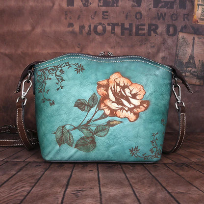 Top-Grain Cowhide Single-Shoulder Crossbody Women S Bag Chinese-Style Rose Women S Single-Shoulder