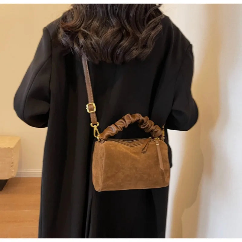 Suede Mini Crossbody Bag – Ruched Handle Shoulder Bag for Women
