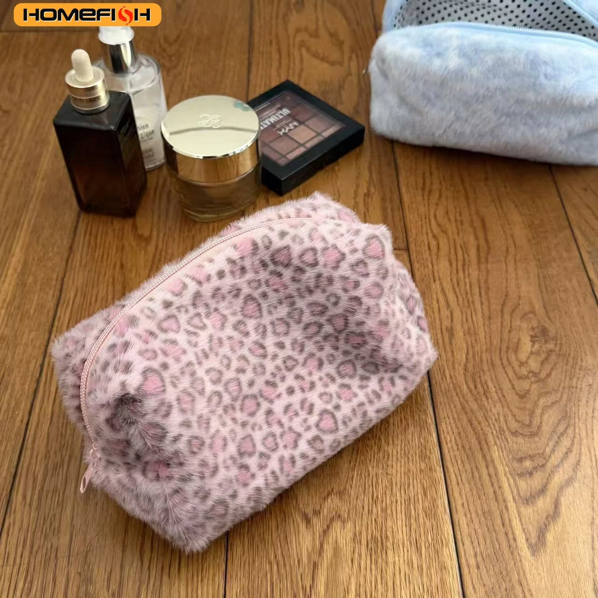 Homefish Durable Fuzzy Makeup Bag Large Capacity Leopard Print Toiletry Organizer Portable Cosmetic