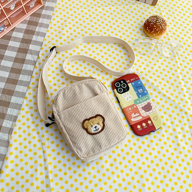 Girls Portable Corduroy Bear Phone Crossbody Bag Mobile Phone Coin Purse Fashionable Cross Small Bag