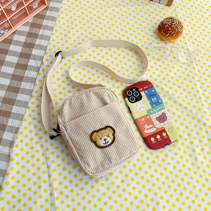 Girls Portable Corduroy Bear Phone Crossbody Bag Mobile Phone Coin Purse Fashionable Cross Small Bag
