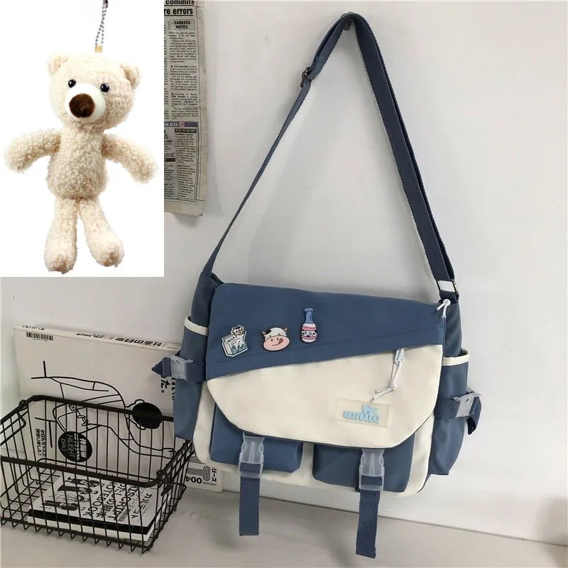 Harajuku Nylon Messenger Bag with Cute Badge Pins – Large Capacity