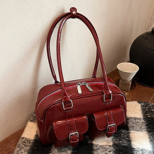 Retro Pu Leather Double Pockets Underarm Bags Women Winter Y2k Korean Female Shoulder Bag Stylish