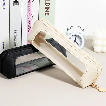 Pu Pencil Case Portable Waterproof Transparent Cosmetic Bag Zipper Makeup Brush Storage Sundries