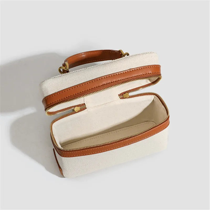 Canvas & Leather Box Bag – Retro Crossbody Tote for Women