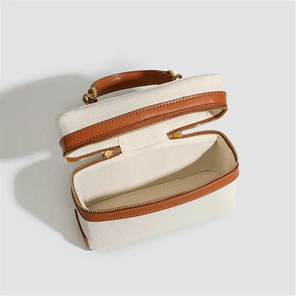 Canvas & Leather Box Bag – Retro Crossbody Tote for Women