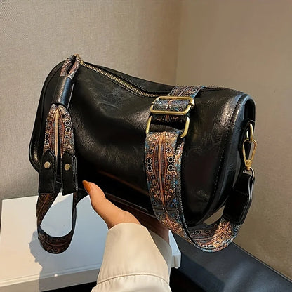 Graphic Pattern Zipper Crossbody Bag Stylish Leather Shoulder Bag Wide Strap Large Capacity Daily